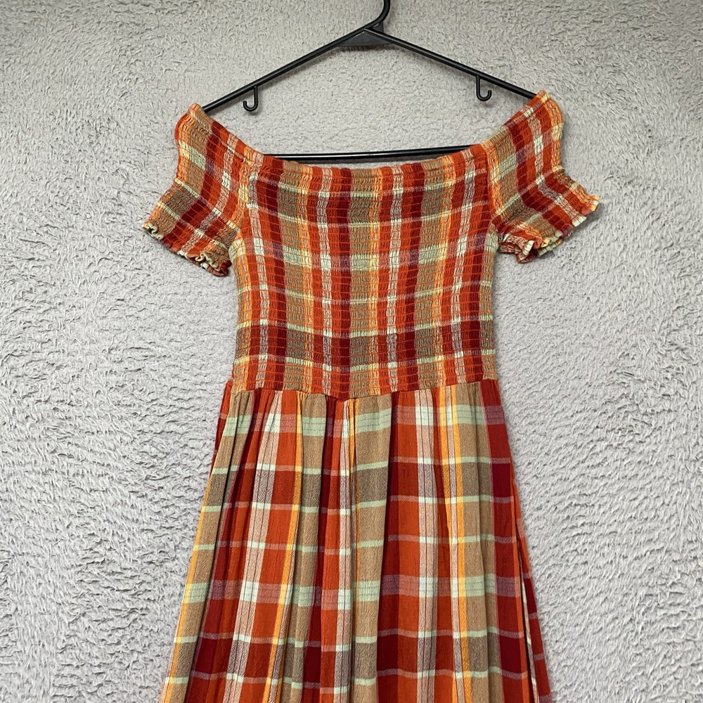 Urban Outfitters Midi Dress Womens Medium Orange Plaid Off Shoulder Smocked - Picture 11 of 15